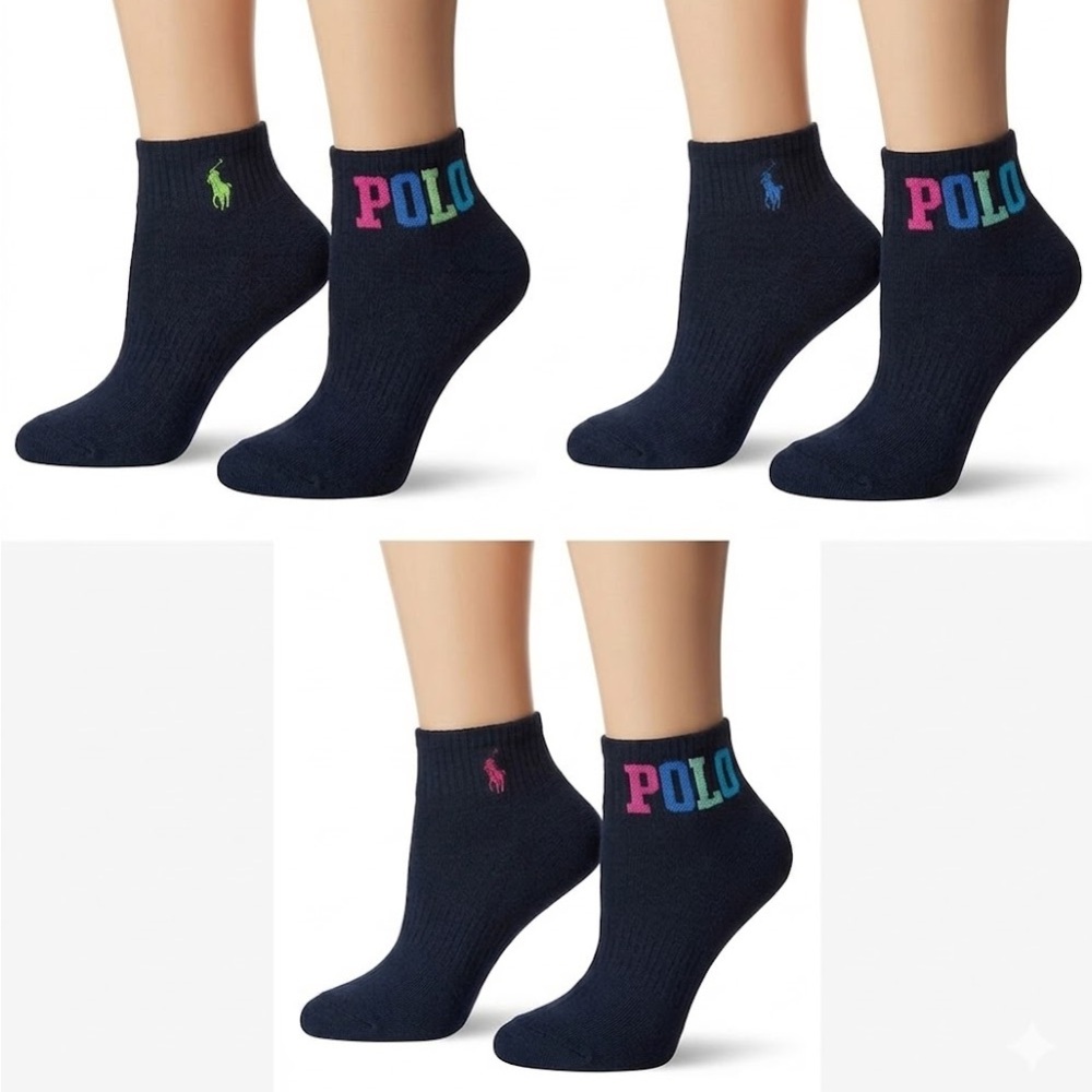 Polo Ralph Lauren Women's 6-Pair Ankle Socks Shoe Size 4-10.5, Neon Logos